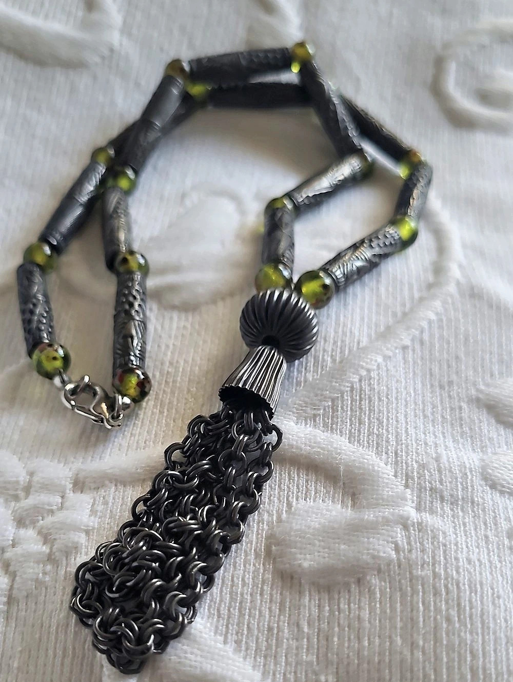 Beaded Tassel Necklace in Black & Green